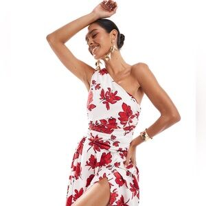 Abercrombie & Fitch Red Floral One Shoulder Dress with Side Cutout